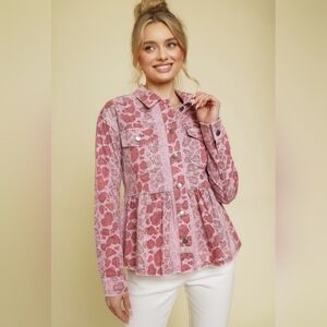 MYSTREE Pink Animal Print Button Down Jacket – Long Sleeve Utility Shacket Style